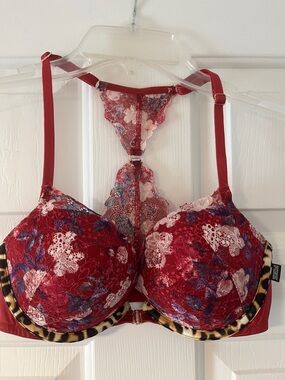 Victoria's Secret Red Lace Push-Up Bra with Floral & Leopard Accent